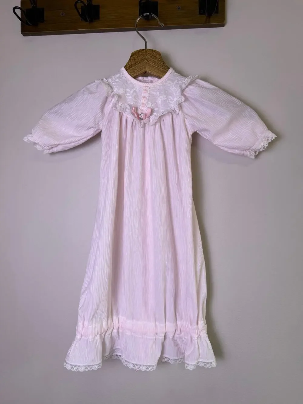 Vintage Baby Pink Lace Yoke Nightgown Long Sleeve Ruffle Hem Infant Gown 18mo?